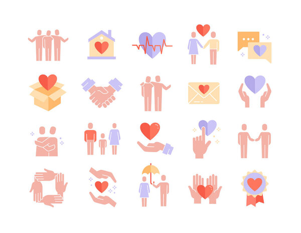 Care icon set with hearts showing friendship