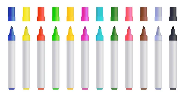 Large set of colorful marker pens with lids — Stock Vector