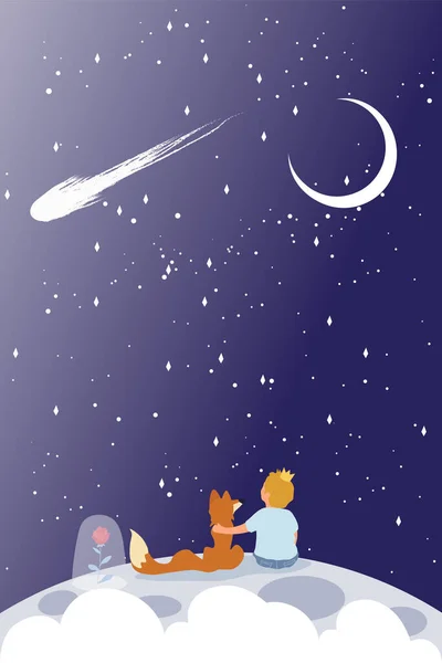 小王子和红狐狸坐在一个星球上 — 图库矢量图片