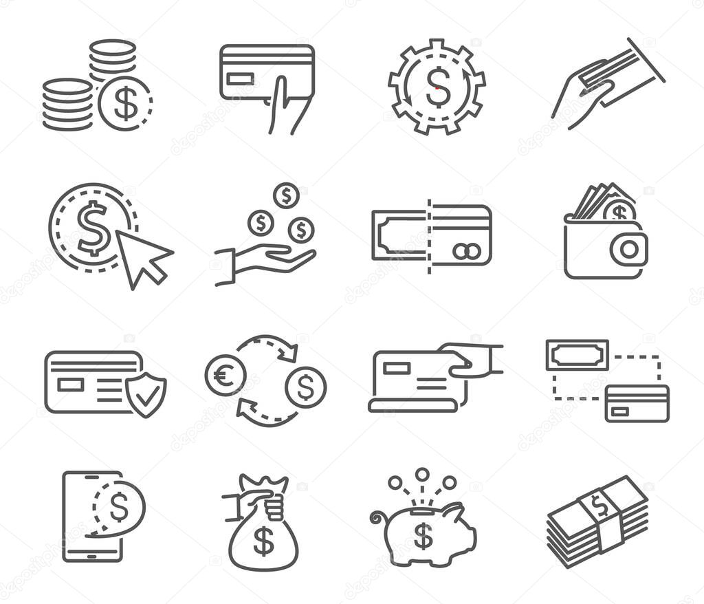 Large set of black and white money icons