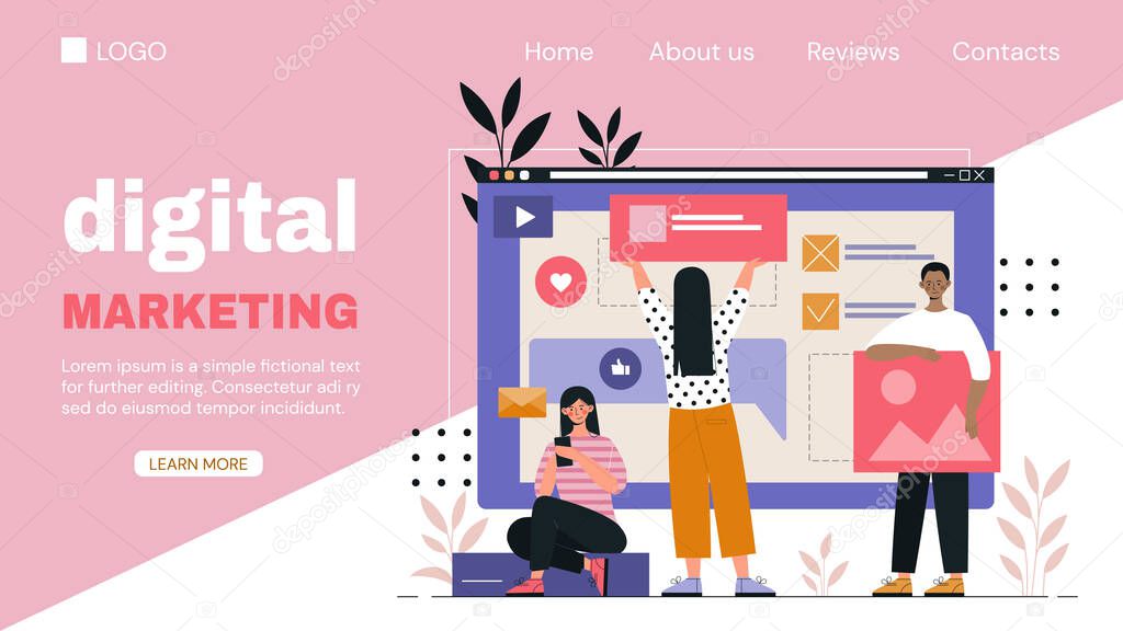 Digital Marketing web page template for business showing diverse people in a team constructing a website on a screen, colored vector illustration