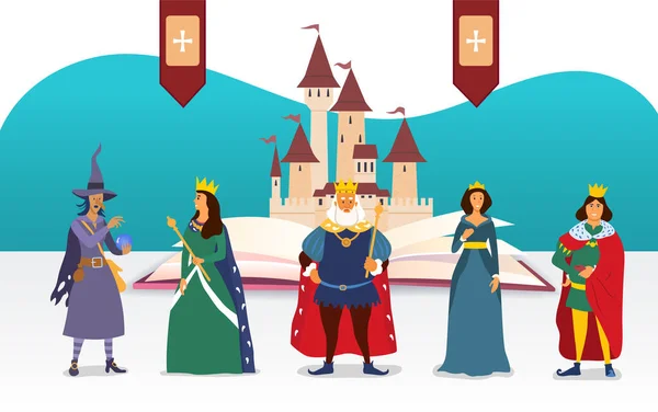 Fairy Tale χαρακτήρες μπροστά από ένα κάστρο — Διανυσματικό Αρχείο