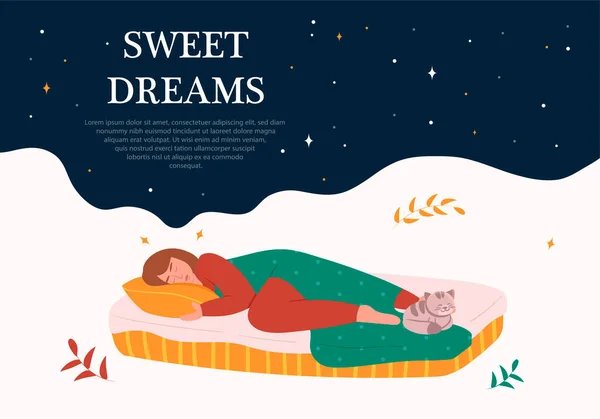 Sweet Dreams konsep dengan wanita dan kucing - Stok Vektor