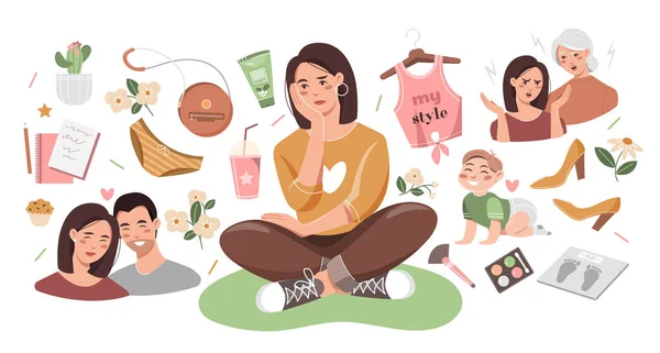 Mundo de las mujeres y los iconos de la feminidad — Vector de stock