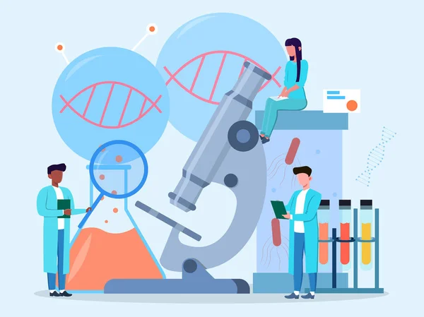 年轻的科学家正在研究covid-19病毒 — 图库矢量图片