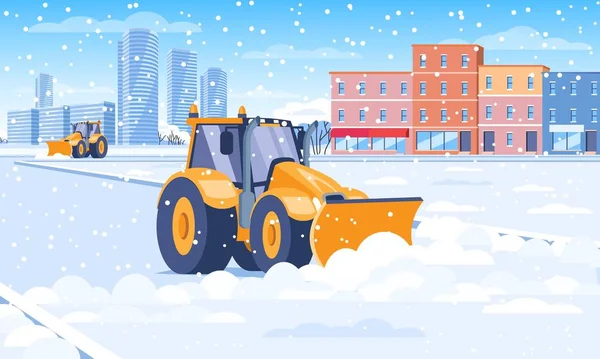 Snow plough clearing snow from a city street — Stock Vector