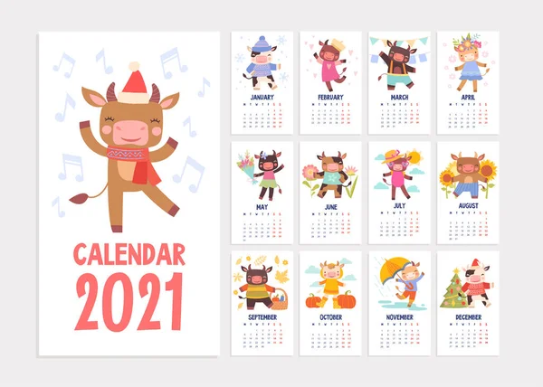 Linda plantilla de calendario 2021 con animales de dibujos animados — Vector de stock