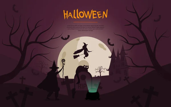 Spooky Halloween design with flying witch — Stock Vector