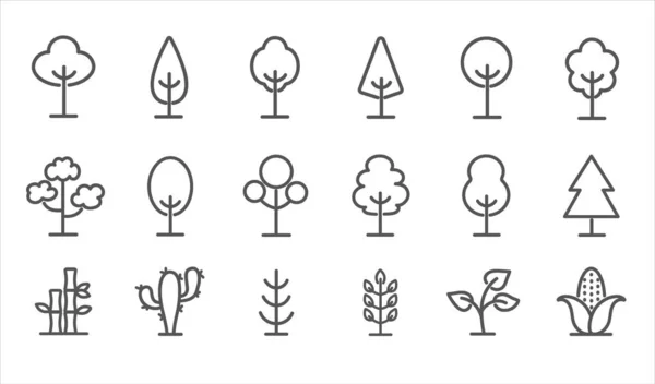 Set di icone di alberi e piante in bianco e nero — Vettoriale Stock