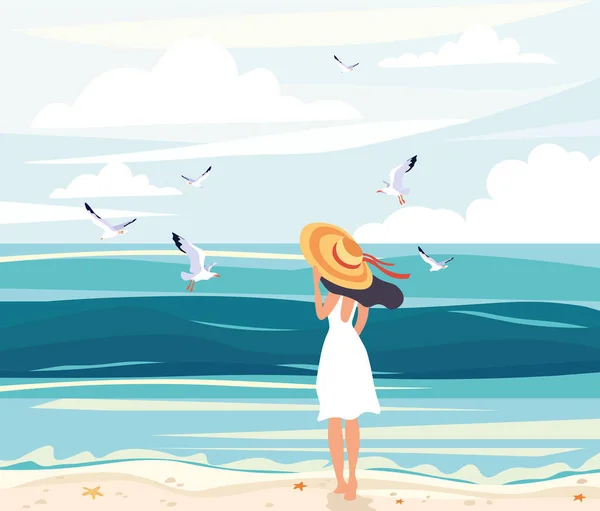 Mulher de chapéu de sol de palha à beira-mar — Vetor de Stock