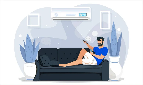 Homem relaxante descalço em um sofá em casa — Vetor de Stock