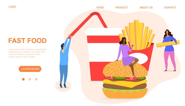 Hamburger, içecek ve cips ile fast food konsepti — Stok Vektör