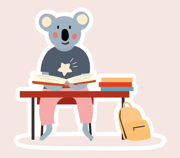 Lindo pequeño Koala oso estudiante trabajando en un escritorio — Vector de stock