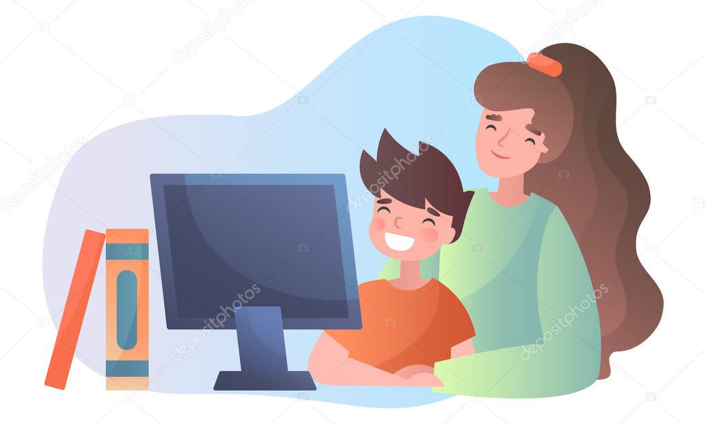 Home schooling concept. Mother teaching her smiling happy young son online seated in front of a computer monitor, colored vector illustration