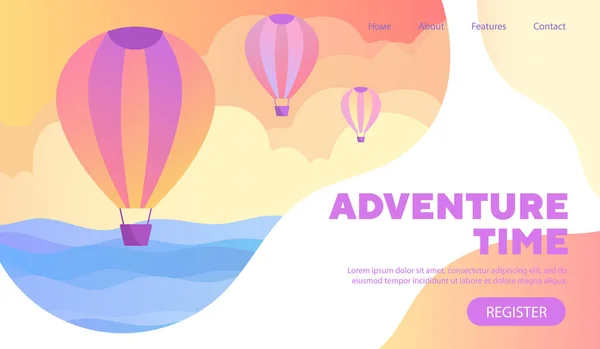 Macera Zamanı poster tasarımı veya sıcak hava balonlu ağ şablonu — Stok Vektör