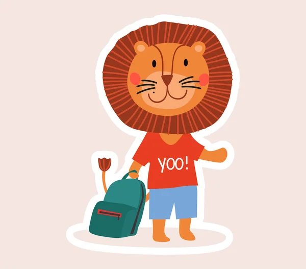 Lindo pequeño león de dibujos animados estudiante con bolsa de escuela — Vector de stock