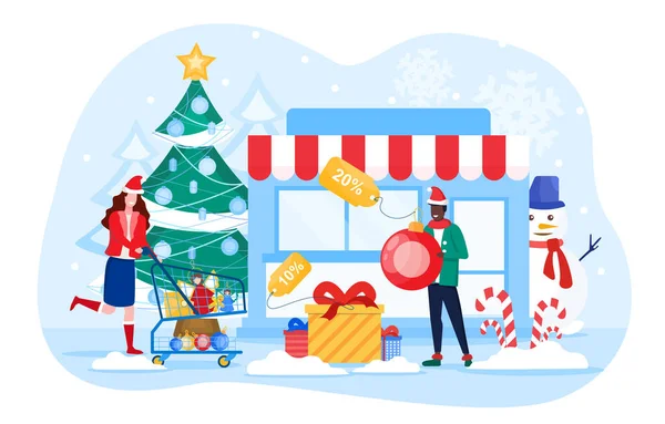Zimní a vánoční koncept prodeje se ženou spěchající do skladu — Stockový vektor