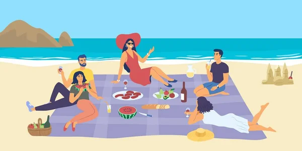 Persone che si godono un picnic estivo al mare — Vettoriale Stock