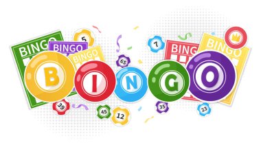 Bingo concept with colored balls, number tags and cards clipart