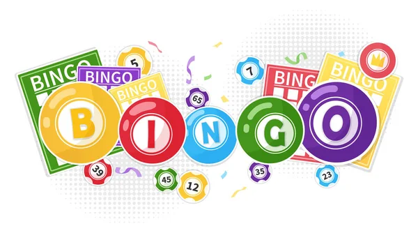 Concept de bingo avec boules colorées, étiquettes numériques et cartes — Image vectorielle