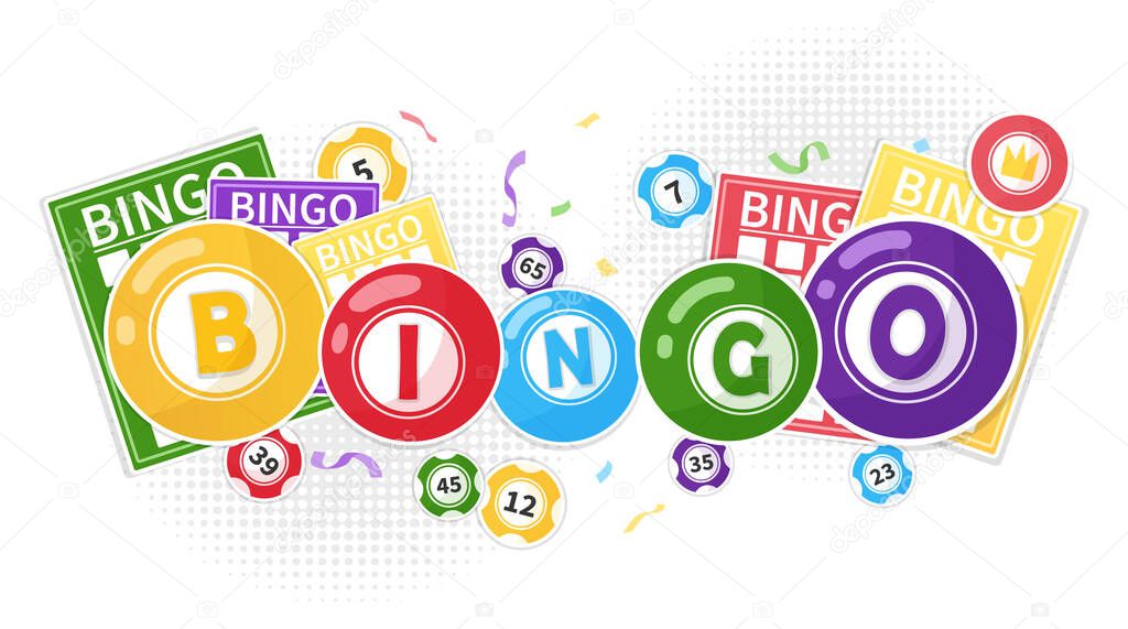 Bingo concept with colored balls, number tags and cards