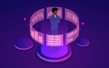 Genç işadamı grafiklere bakıyor.