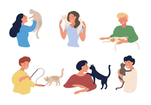 ペット猫と遊ぶ6人組 — ストックベクタ