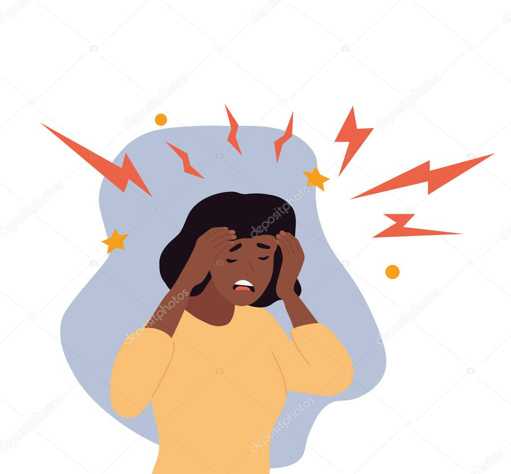 African American Woman with a morning migraine clutching her head