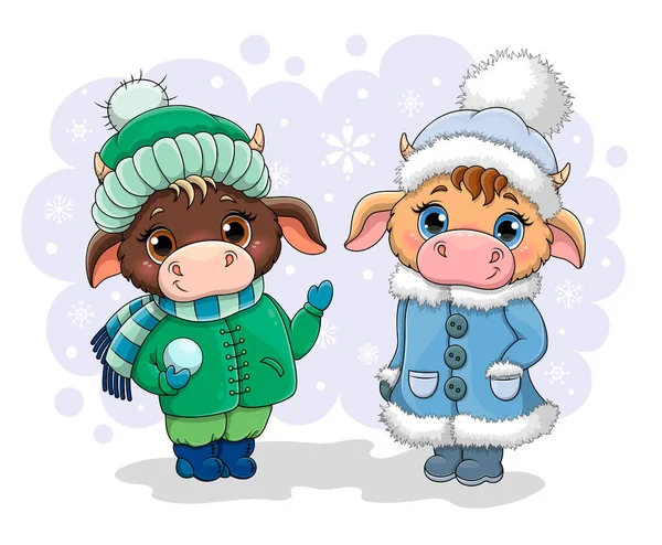 Dos pequeñas vacas lindas en ropa de invierno — Archivo Imágenes Vectoriales