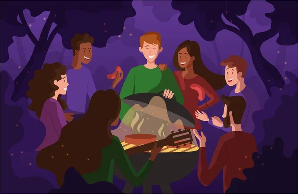Группа молодых друзей, наслаждающихся пикником — стоковый вектор