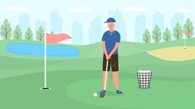 Şehir manzarasına karşı golf oynayan genç bir gözcü