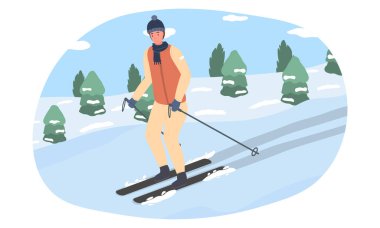 Genç bir adam kayakla dağdan aşağı iniyor.