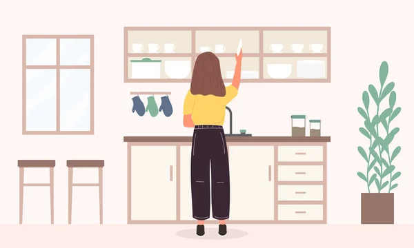 台所で料理を洗う若い女性 — ストックベクタ