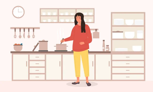 Mujer joven preparando comida en la cocina — Vector de stock