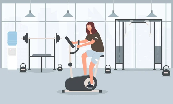 Joven en forma bastante chica de entrenamiento en una bicicleta estática — Vector de stock