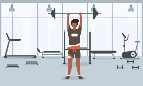 Un joven en forma levanta una barra en el gimnasio. — Vector de stock