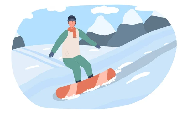 Jeune homme descend la montagne snowboard — Image vectorielle