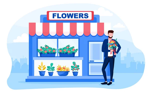 Un joven de pie con un ramo de flores — Vector de stock