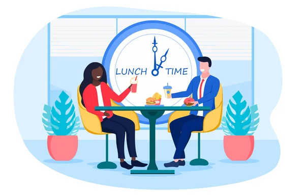 Pareja feliz o compañeros de trabajo almorzando — Vector de stock