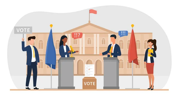 Een man en een vrouw houden een verkiezingsdebat — Stockvector