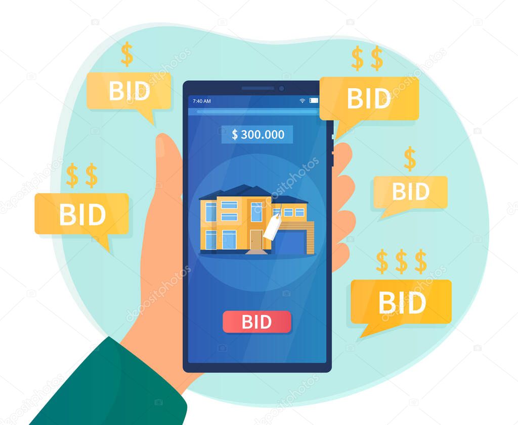 Online auction concept. Hand holding a smartphone on the screen which shows the confiscated house, put up for auction. Flat cartoon vector illustration.
