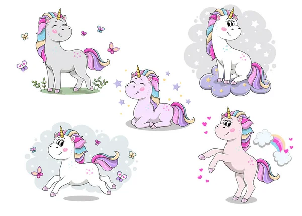 Set lucu kartun vector unicorns - Stok Vektor