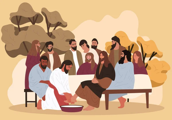 Jézus megmossa az apostolok lábát. — Stock Vector