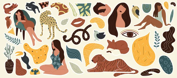 Set di gatto disegnato a mano, volpe, serpente, donne, piante — Vettoriale Stock