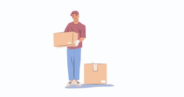 İnternetten alışveriş. Erkek kuryeyle pankart taşıyarak müşterilere paket ve kutu taşıyarak. İndirimdeyken internetten alışveriş yapmak. El çizimi çizgi film