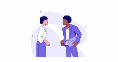 İlişki Pazarlama. Erkek danışman ya da asistanla pankart taşımak müşteriyle tokalaşmak ve çeşitli iş sorunlarını çözmeye yardım etmek. Müşteri sadakati. Düz grafik çizgi film