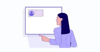 İlişki Pazarlama. Hizmeti geliştirmek için kadın destek servisi çalışanı, kullanıcı geribildirimi, eleştiriler ve reytingleri analiz eden hareketli pankart. Müşteri sadakati. Düz grafik çizgi film