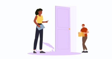 İnternetten alışveriş konsepti. Erkek kuryeli afiş taşıyarak müşteriye bir kutu satın alma veya paket teslim etmek. E ticaret, satış ve indirimler. Düz grafik çizgi film