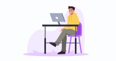 İnternetten alışveriş konsepti. Dizüstü bilgisayarın önünde oturan ve eve sipariş veren bir adamla afiş taşımak. Karakterler satıştayken internetten alışveriş yaparlar. Düz grafik çizgi film