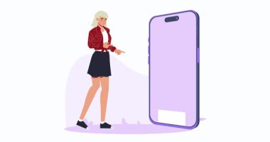 İnternetten alışveriş konsepti. Büyük telefon ekranının önünde duran mutlu bir kadının olduğu afişi taşımak ve satış sırasında internetten alışveriş yapmak. E ticaret ve özel teklif. Düz grafik çizgi film